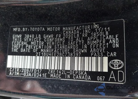 2011 Toyota Corolla S из США, поврежденный, VIN 2T1BU4EE2BC738397